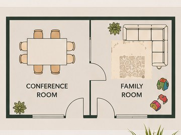 Floor plan showing the connected conference room and family room