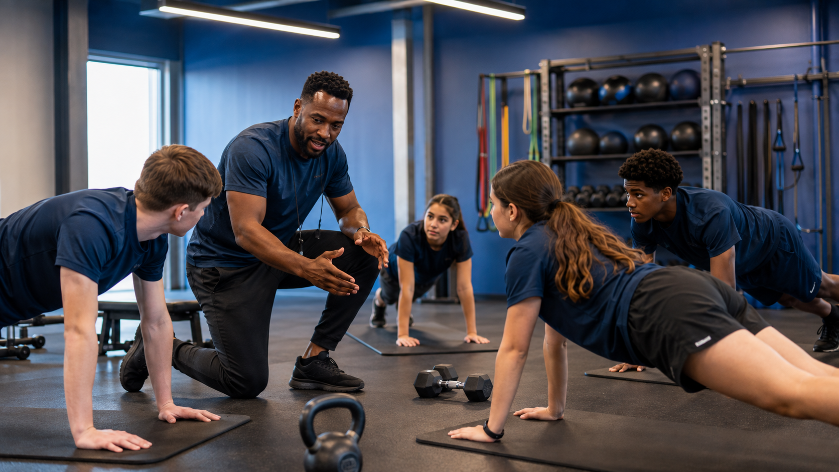 A coach supporting a small group of young people during a gym session