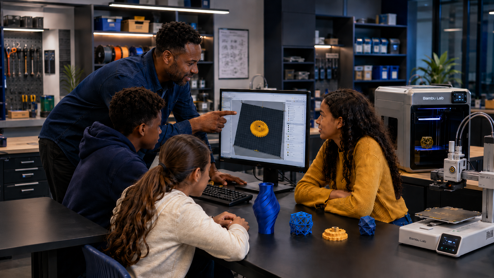 A tutor and learners working together at a CAD workstation with 3D printers and printed objects nearby