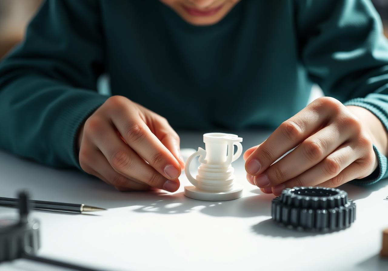 A young person’s hands holding a small 3D printed object beside design tools