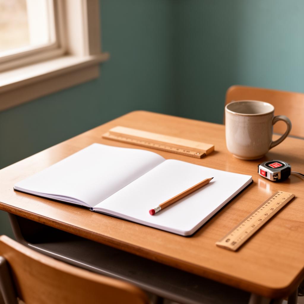 An open notebook with maths and English worksheets on a calm wooden desk