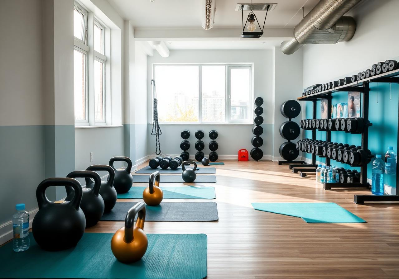 A bright, organised small gym with kettlebells, weights and mats